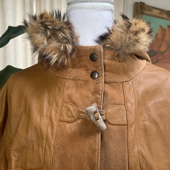 Vintage Brown Suede & Leather Fur Hood Parka 90s Streetwear Cabincore Jacket L - Picture 6 of 16
